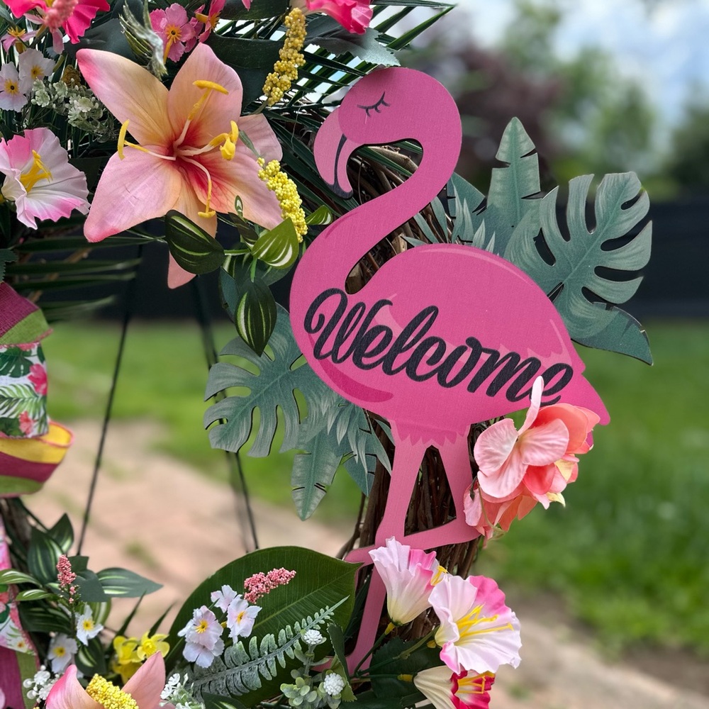 Pink Flamingo Welcome Wreath with Floral Accents